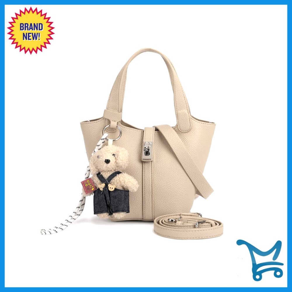 Leather Bucket Shoulder Bag With Removable Wallet And Teddy Charm